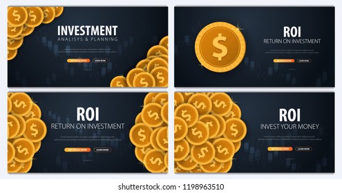 Set of Return on Investment, ROI, Market and Finance, Investment trading, Coins and Candle stick graph on the Backround