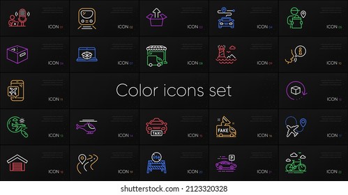 Set of Return package, Metro and Helicopter line icons. Include Delivery man, Taxi, Bike rental icons. Usa close borders, Fake news, Journey web elements. Office box, Flight mode. Vector