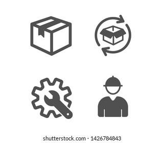 Set of Return parcel, Customisation and Parcel icons. Engineer sign. Exchange of goods, Settings, Shipping box. Worker profile.  Classic design return parcel icon. Flat design. Vector