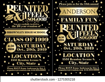 Set of reunion announcement or invitation templates for family or class reunions.