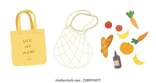 Set of reusable bag and groceries isolated on white background. Concept of eco friendly, zero waste, reuse, lifestyle. Bring reusable bag to supermarket. Flat vector illustration.