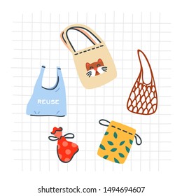Set of reusable bags. Zero waste lifestyle hand drawn vector illustration