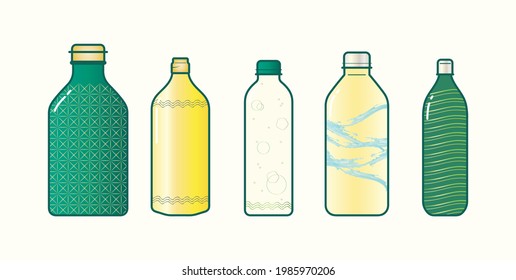 Set of reusable containers for cooking product and drinking bottles in vector flat illustration art design