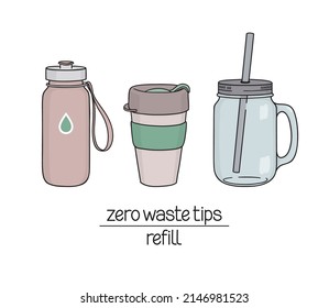 Set of reusable containers for drinks to go – water bottle, coffee cup, smoothie jar. Zero waste tips. Bring your own cup and bottle. Eco living concept