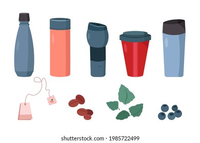 Set of reusable cups, thermo mugs and bottles with cover for take away coffee or tea and other drinks. Vector illustration in flat carton style, isolated.