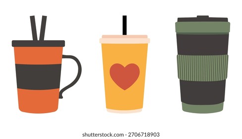 Set of reusable drink cups with lids and straws in modern flat vector style, including coffee tumbler, smoothie cup, and takeaway beverage container design