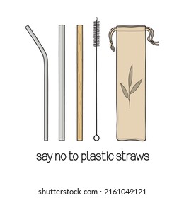 Set of reusable drinking straws made of stainless steel and bamboo with cleaning brush and bag. Say no to plastic straws phrase. No single use plastic, Zero waste, Eco living concept