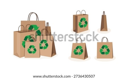 Set of reusable eco brown paper bags with green recycle symbol isolated on white background. Concept of sustainability. flat vector illustration.