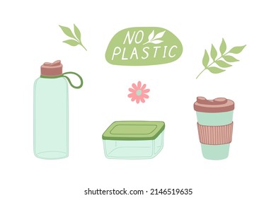 Set of reusable eco dishes. Bottle, food container and coffee glass. Zero waste concept vector illustration. Ecological lifestyle items.
