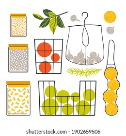 A set of reusable food storage containers for a zero waste lifestyle. Vector illustration in a flat style.