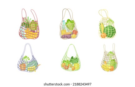 Set of reusable grocery eco bag with organic grocery products. Zero waste concept vector illustration