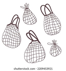 Set of reusable grocery shopping bags. String mesh cotton eco-bag.  Plastic free concept. zero waste concept, eco life. Local market concept. Hand drawn  design elements.  Isolated on white background