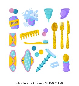 Set of reusable items. Go green and zero waste. Vector illustration in cartoon style