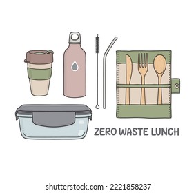 Conjunto de artículos reutilizables para el almuerzo. Sin plástico de un solo uso, estilo de vida de basura cero, concepto de vida ecológica