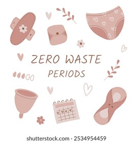 Um conjunto de itens reutilizáveis para o período feminino, produtos de higiene feminina ecológicos durante a menstruação. Conceito de desperdício zero