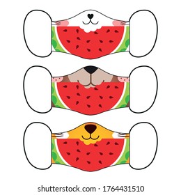 Set Of Reusable Masks With Cute Animals Eating Watermelon Slice. Summer Face Mask Illustration.