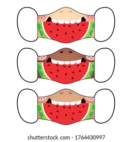 Set Of Reusable Masks With Cute Kids Eating Watermelon Slice. Summer Face Mask Illustration.