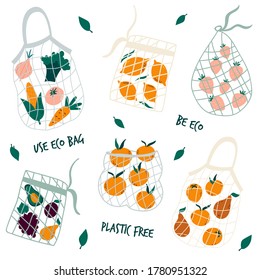 Set of reusable mesh bags with organic vegetables. No plastic concept. Vector illustration, design.