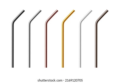 Set of reusable metal drinking straws. Realistic vector illustration isolated on white background.