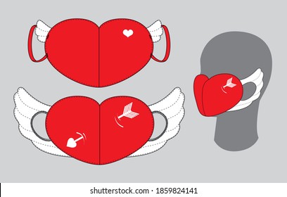 Set of reusable mouth masks in shape of heart with wings. Design for Valentine’s Day.