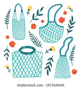 Set of reusable net bags with leaves and flowers. Eco-friendly shopping tote bags. Zero waste environmental concept. Hand drawn vector illustration.