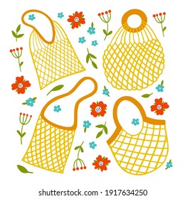 Set of reusable net bags with leaves and flowers. Eco-friendly shopping tote bags. Zero waste environmental concept. Hand drawn vector illustration.