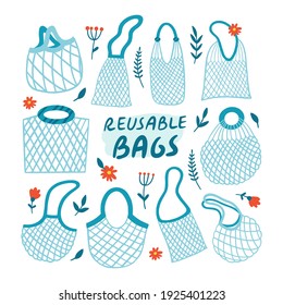 Set of reusable net bags with leaves and flowers. Eco-friendly shopping tote bags. Zero waste environmental concept. Hand drawn vector illustration.