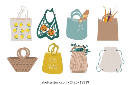 Juego de bolsas de compras reutilizables. Pónganse verdes, sin plástico, salven el planeta. Ilustración vectorial. 