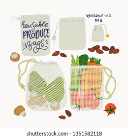 Set of reusable tea and produce bags for shopping and domestic use. Flat style vector illustration of ecological lifestyle. Natural and biodegradable material bag for eco friendly shops, stores