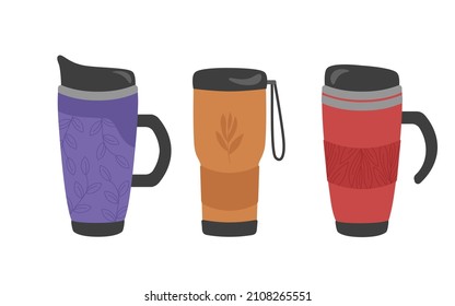 Set of reusable thermo mugs with a plant print for the concept of zero waste. For hot drinks, coffee, tea, cocoa. Vector illustration in cartoon style.