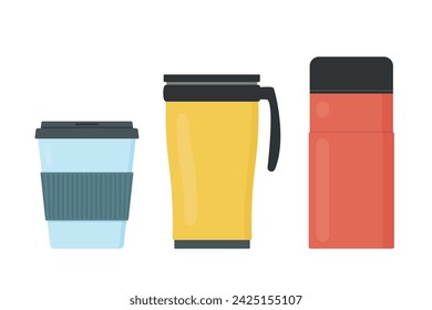 Conjunto de tazas de viaje reutilizables en diferentes tamaños. Ilustraciones simples, planas del vector de las tazas para ir, y de los vasos.