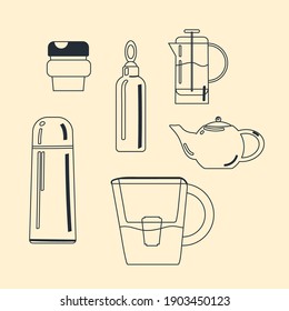 A set of reusable utensils for drinks with a zero waste lifestyle. Vector illustration in a line drawing style.