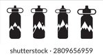 Set of Reusable Water Bottles with Mountain Peak Silhouettes in a Minimalist Vector Illustration.