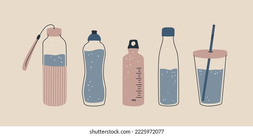 Conjunto de botellas de agua reutilizables. Ilustración aislada de vectores para el diseño