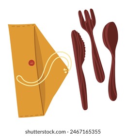 A set of reusable wooden cutlery in a case, ideal for eco-friendly lunches on the go, picnics or eco-friendly travel. Insulated bamboo cutlery, brown with wood texture insulated. Fabric, storage case