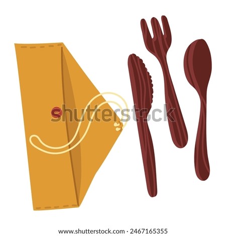 A set of reusable wooden cutlery in a case, ideal for eco-friendly lunches on the go, picnics or eco-friendly travel. Insulated bamboo cutlery, brown with wood texture insulated. Fabric, storage case