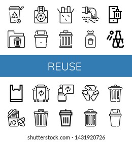 Set of reuse icons such as Recycle bin, Reuse, Bin, Garbage, Waste, Rubbish, Bottle throw, Plastic bag, Trash, Garbage bin, Recycle, Delete , reuse