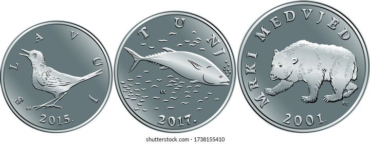 Set of reverse Croatian 1, 2 and 5 kuna coins with Nightingale, Tuna and Brown bear, official coins in Croatia