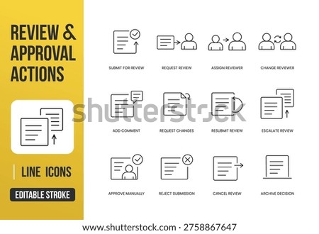 A set of review and approval action UI icons for content moderation, feedback systems, and workflow management in web and app interfaces, line style with editable stroke.