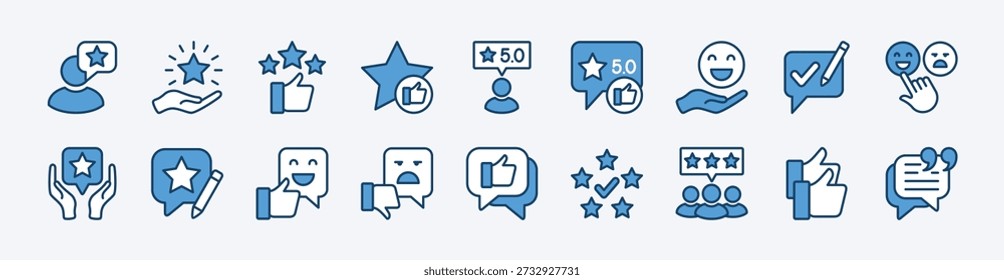 Conjunto de icono de revisión. Contiene Comentarios, testimonio, calificación, opinión, satisfacción, me gusta, escribir un comentario, recomendar, pulgar hacia arriba, citar, elegir, Aprobación, cinco estrellas - Ilustración vectorial