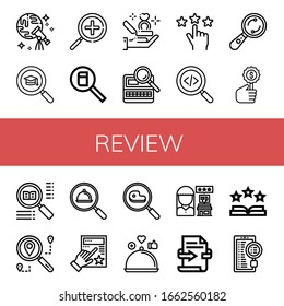 Set of review icons. Such as Discovery, Search, Zoom in, Proposal, Rating, Examine, Evaluation, Review, Feedback, Rate , review icons