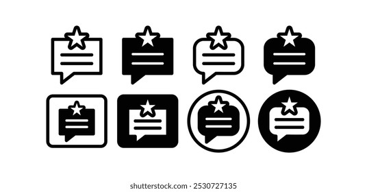 Conjunto de revisión Clasificación por estrellas con discursos de burbujas Barra de chat Icono Signo de símbolo Diseño de Vector colección de color blanco negro aislado