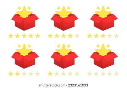 A set of reviews about the gift. Present and Magic box icon. Open box with star and loyalty reward colorful sign. Design element for celebration, holiday and birthday. Vector illustration