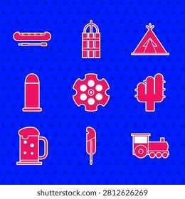 Set Revolver cylinder, Feather pen, Retro train, Cactus, Wooden beer mug, Bullet, Indian teepee or wigwam and Kayak canoe and paddle icon. Vector