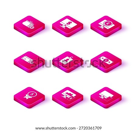 Set Reward for good work, Envelope with coin dollar symbol, Identification badge, Computer, Stacks paper money cash, pound sterling and  icon. Vector