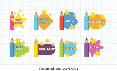 Set Of Reward Stickers For Teachers And Children. Cute Cartoon School Award Signs With Pencil And Stars. A Sign Of Encouragement For Students. Vector Illustration.