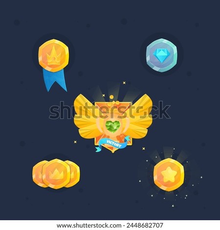 Set Of Rewards Coins Medals Win Badge Golden Metal Winner VIP Isolated Vector Design
