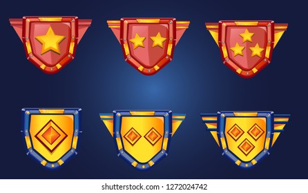 Set of Rewards icon for game interface. Cartoon achievement decoration for game: gold, silver,  Vector illustration on white backgrounds. - Vektör