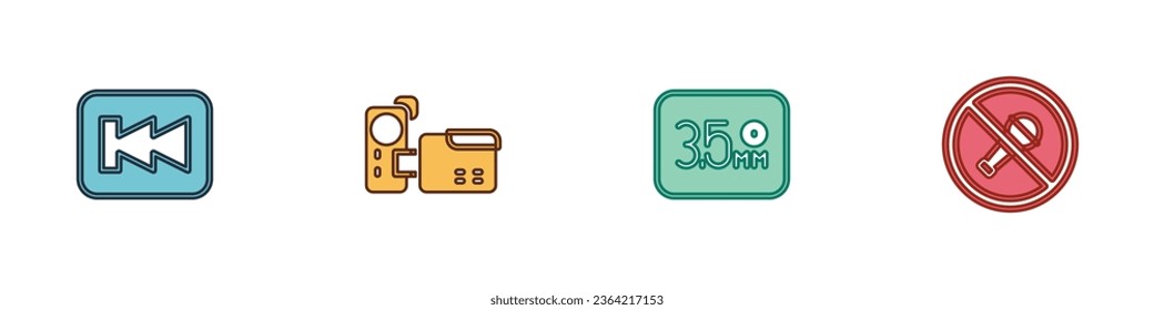 Set Rewind button, Cinema camera, Audio jack and Mute microphone icon. Vector