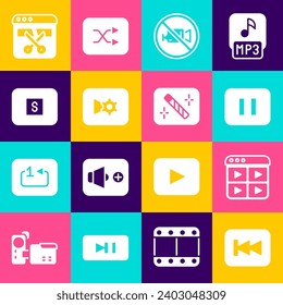 Set Rewind button, Music playlist, Pause, Prohibition no video recording, settings, Stop media, Video recorder editor and Photo retouching icon. Vector
